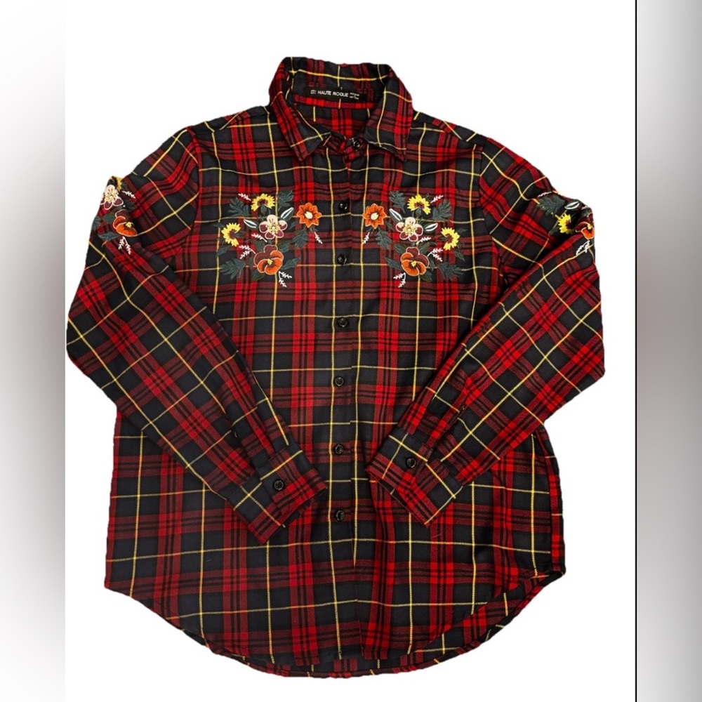 Women’s Haute Rogue Floral Embroidered Plaid Button-Up Size Large